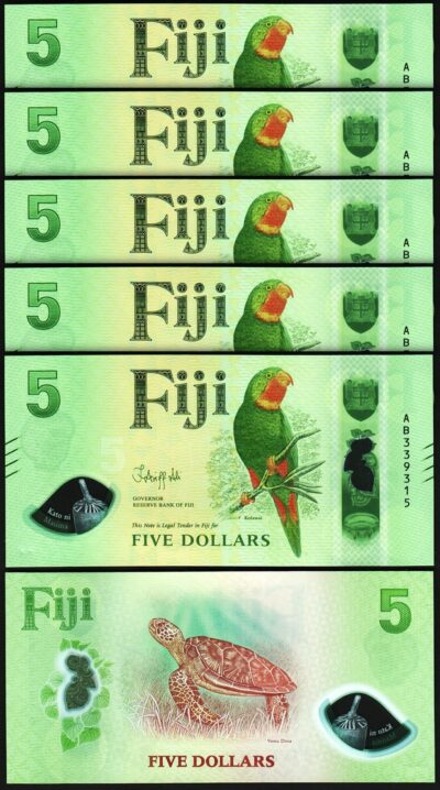 Fiji 5 Dollars 2025/2026, UNC, 5 Pcs LOT, Consecutive,POLYMER, P-New Sign/Design