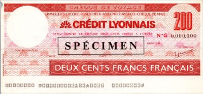 France Lyonnais SPECIMEN, Traveller Cheque, 200 Cent Francs UNC, Watermark