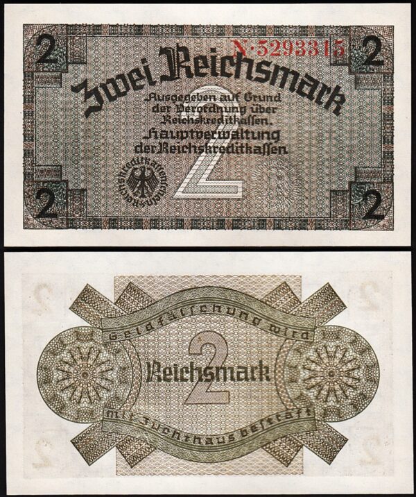 Germany 2 Reichsmark 1940 1945, UNC, P-R137a, 7 Digit, Completely Watermark