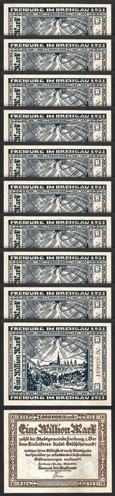 Germany, City Of Freiburg 1000000 Mark 1923, XF, 10 Pcs LOT