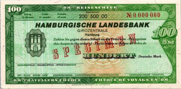 Germany SPECIMEN, Hamburgische Landesbank Travellers Cheque, 100 Marks UNC, WMK