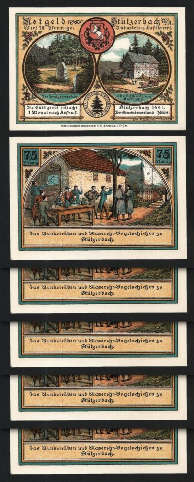 Germany, Stutzerbach 75 Pfennig 1921, AU-UNC, 5 Pcs LOT, Type 1