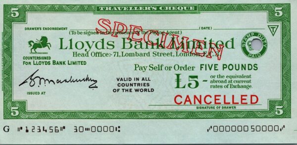 Great Britain SPECIMEN, Lloyds Bank London Travellers Cheque, 5 Pounds, aUNC