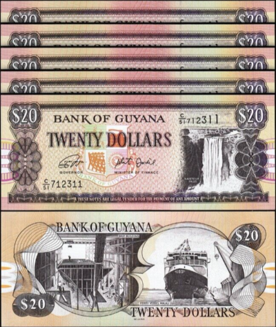 Guyana 20 Dollars, 2018, UNC, 5 Pcs LOT, P-30