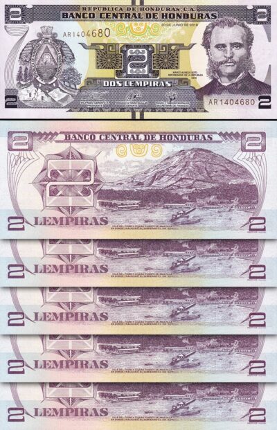 Honduras 2 Lempiras 2019, UNC, 5 Pcs LOT, P-97d