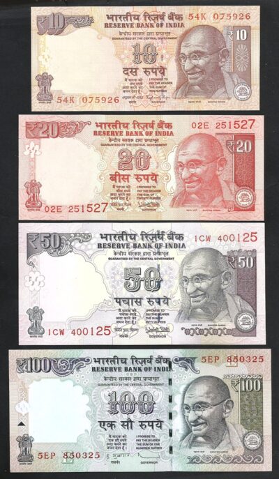 India 4 Pcs Set 10 20 50 100 Rupees 2013 2017, UNC, P 102 103 104 105, Gandhi