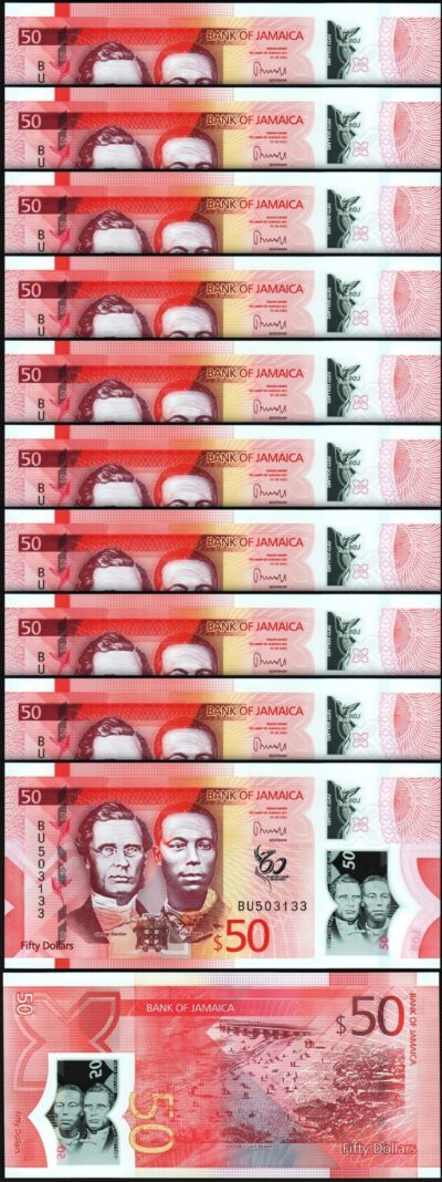 Jamaica 50 Dollars 2022 2023, UNC, 20 Pcs LOT, Consecutive, Polymer,P-New Design
