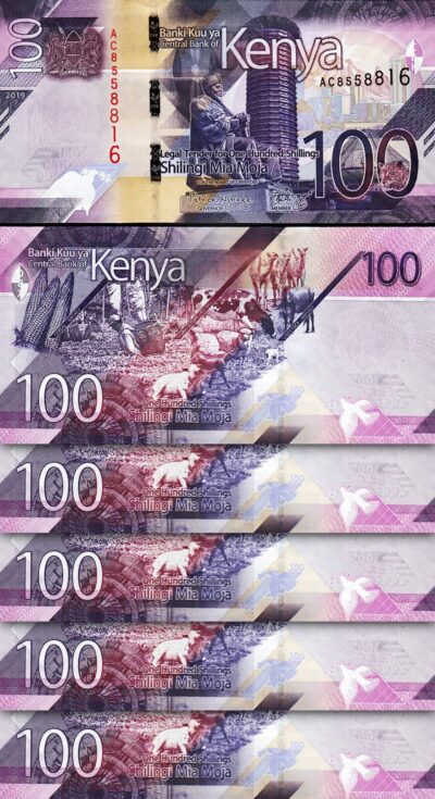 Kenya 100 Shillings 2019, UNC, 5 Pcs LOT, P-53