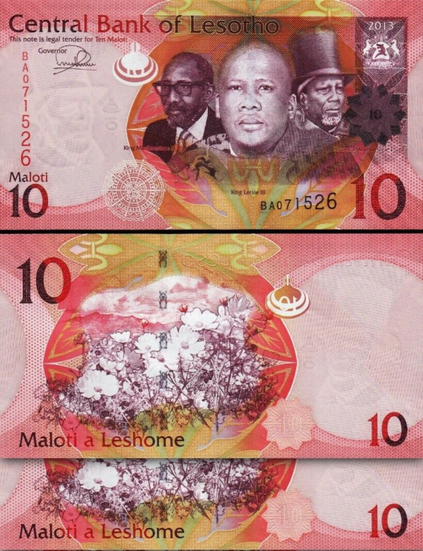 Lesotho 10 Maloti 2013, UNC, 2 PCS PAIR, Consecutive, P-21b