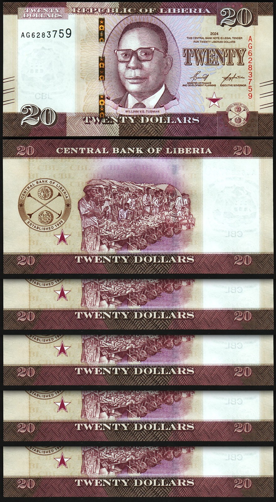 Liberia 20 Dollars 2024, UNC, 10 Pcs LOT, Consecutive, P-New - Image 3