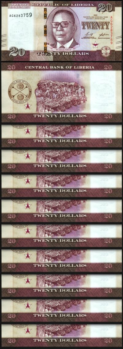 Liberia 20 Dollars 2024, UNC, 10 Pcs LOT, Consecutive, P-New