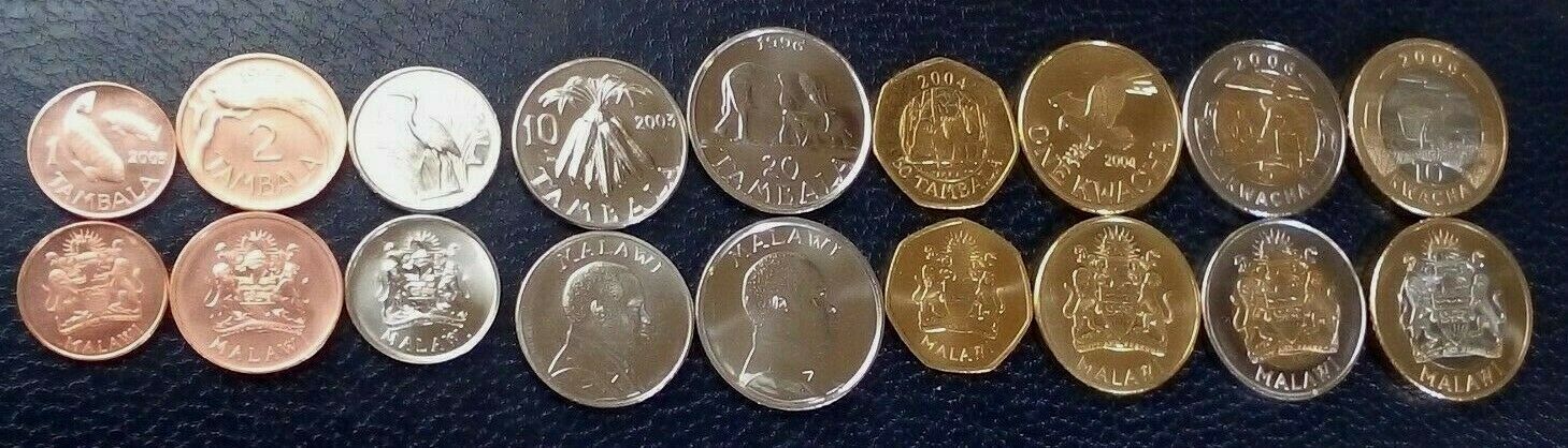Malawi 9-Piece Coin Set: 1, 2, 5, 10, 20, 50 Tambala & 1, 5, 10 Kwacha (1995-2006) - Uncirculated