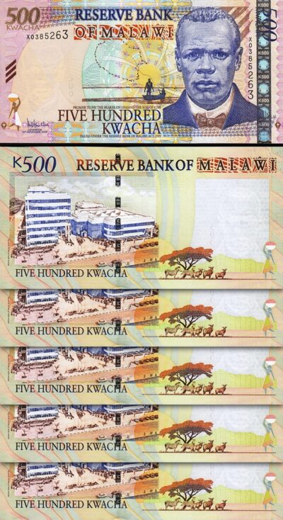 Malawi 500 Kwacha 2005, UNC, 5 Pcs LOT, Consecutive, Prefix X, P-56a, large