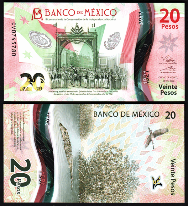 Mexico 20 Pesos 2022, UNC, 5 Pcs LOT, Consecutive, Polymer, Comm, P-New Date - Image 3