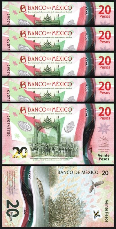 Mexico 20 Pesos 2022, UNC, 5 Pcs LOT, Consecutive, Polymer, Comm, P-New Date