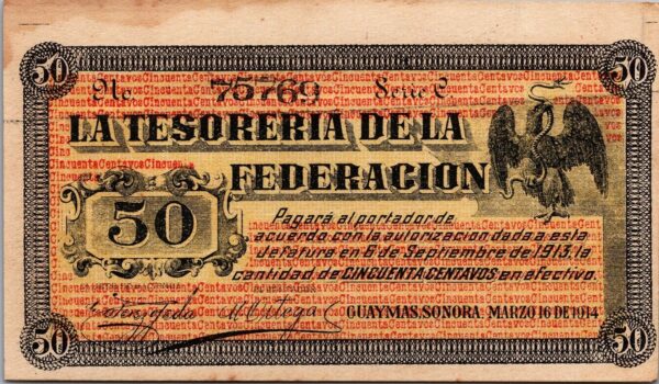 Mexico Sonoro Treasury Of The Federation 50 Pesos 1914, AU with Pale