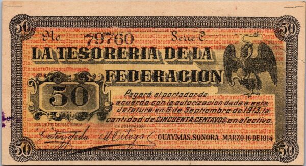 Mexico Sonoro Treasury Of The Federation 50 Pesos 1914, UNC See Scan