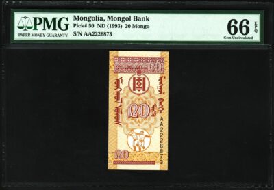Mongolia 20 Mongo 1993, PMG 66 GEM UNC, EPQ, P-50