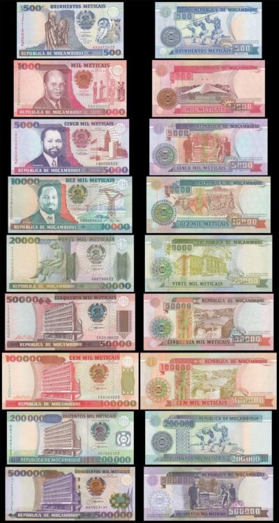 Mozambique 9 Pcs SET, 500 to 500000 Meticais 1991 1993 2003, UNC, P-134 to P-142