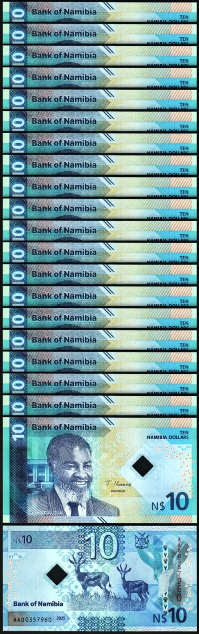 Namibia 10 Dollars 2025 UNC, 20 Pcs LOT, P-20 New Design/Security,Hybrid Polymer