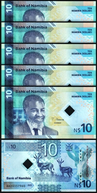 Namibia 10 Dollars 2025 UNC, 5 Pcs LOT, P-20 New Design/Security, Hybrid Polymer