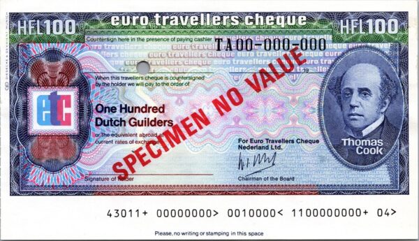 Netherlands SPECIMEN, Euro Travellers Cheque, 100 Guilders, Thomas Cook,See Scan