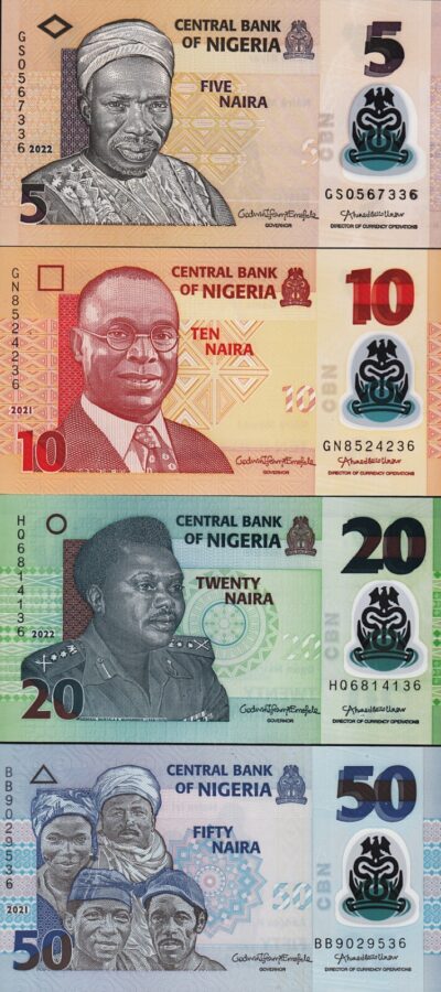 Nigeria 4 Pcs SET, 5 10 20 50 Naira 2021 2022, aUNC, POLYMER, P-New