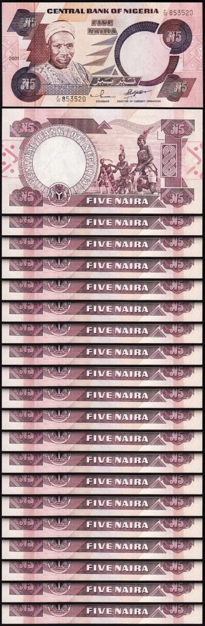 Nigeria 5 Naira 2001, UNC, 20 Pcs LOT, Consecutive, P-24g
