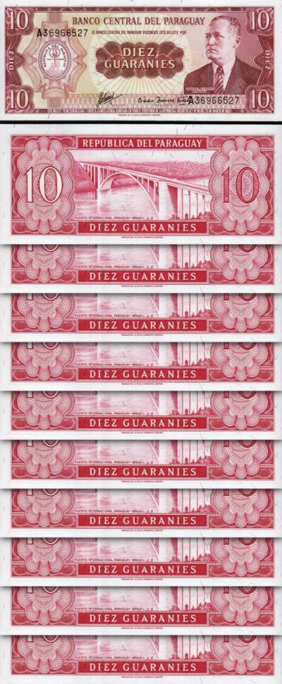 Paraguay 10 Guaranies 1952, UNC, 10 Pcs LOT, Consecutive, P 196b, Prefix A