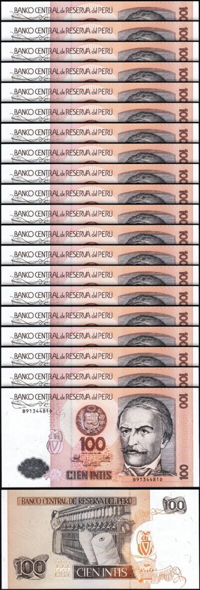 Peru 100 Intis 1987, aUNC/UNC, 20 Pcs LOT, Consecutive, P-133