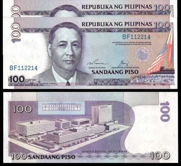 Philippines 100 Piso 1987 , UNC , 2 Pcs PAIR, Consecutive, P-172f , Prefix BF