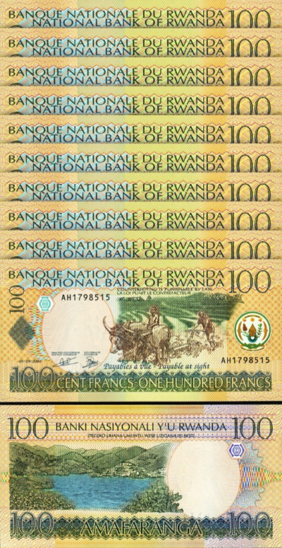 Rwanda 100 Francs 2003, UNC, 10 Pcs LOT, Consecutive, P-29b