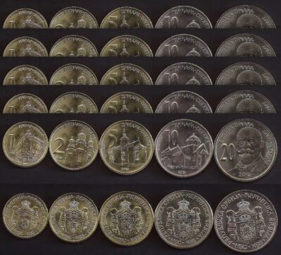 Serbia 5 (x) 5 PCS Coin SET, UNC, 1 2 5 10 20 Dinara 2010 2024, (25 Coins)