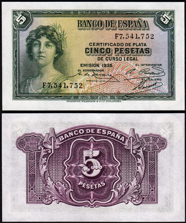 Spain Espana 5 Pesetas 1935 1936, UNC, P-85a, Prefix F