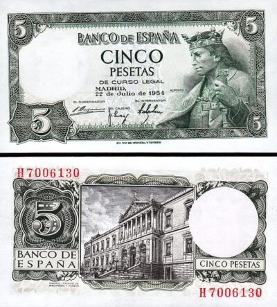 Spain Espana 5 Pesetas 1954, UNC, P-146, Prefix H