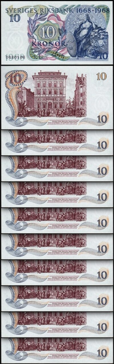Sweden Suede 10 Kronor 1968, AU/UNC, 10 PCS LOT, Commemorative, P-56