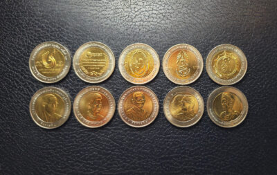 Thailand 5 Pcs Coins SET, 10 Baht Bimetal, UNC