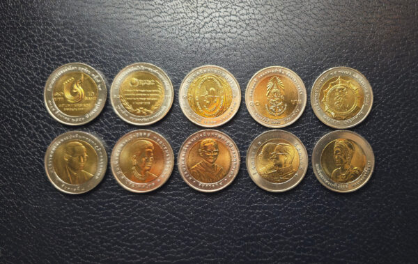 Thailand 5 Pcs Coins SET, 10 Baht Bimetal, UNC