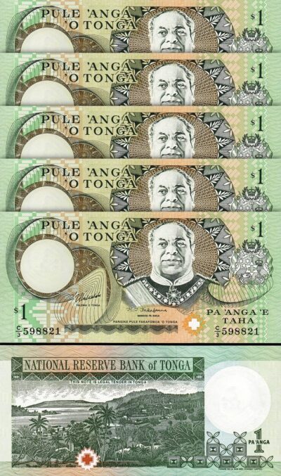 Tonga 1 Pa'anga 1995, UNC, 5 Pcs LOT, Consecutive, P-31, Prefix C/3