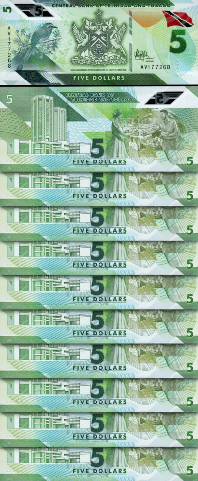 Trinidad Tobago 5 Dollars 2020 2021, UNC, 10 PCS LOT,Consecutive,P-61 New Design