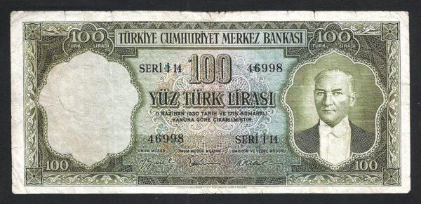 Turkey 100 Lira 1956, aVF, P-168a, Prefix I14, Rare Type