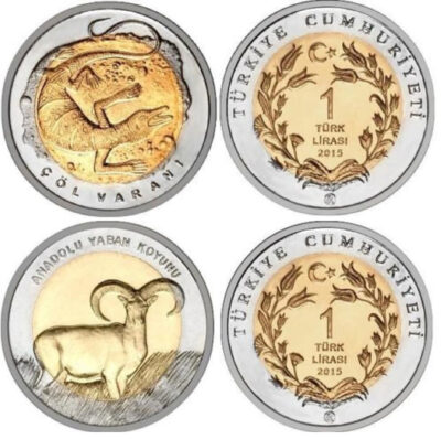 Turkey 2015 UNC 2 Pcs Coin Set,  1 Lira Desert Varan & Wild Sheep, BIMETAL