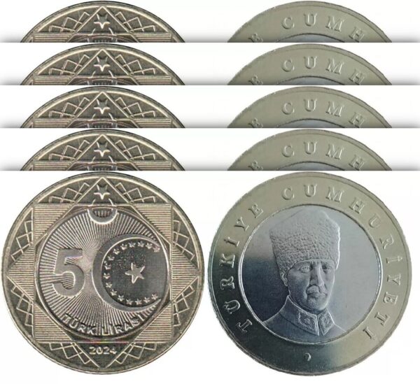 Turkey, 5 (x) 5 Lira 2024, UNC, Bimetal Coin, New Design