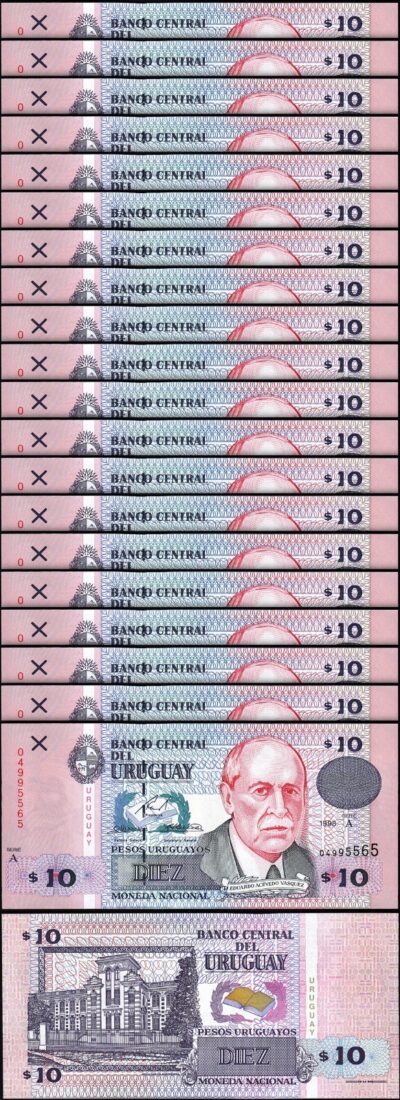 Uruguay 10 Pesos 1998, UNC, 20 Pcs LOT, Consecutive, P-81, Serie A