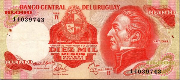 Uruguay 10000 10,000 Pesos 1974, aXF, P-53b, Pinholes