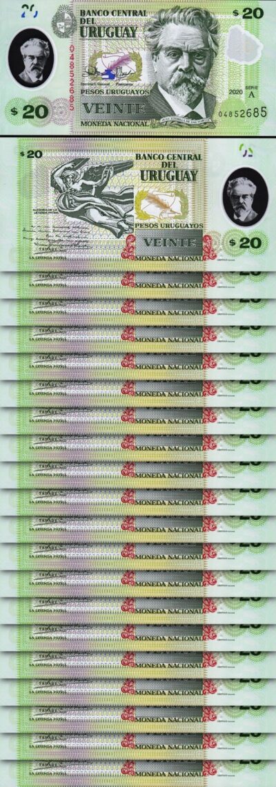 Uruguay 20 Pesos 2020, UNC, 20 Pcs LOT, Consecutive, P-101, Polymer