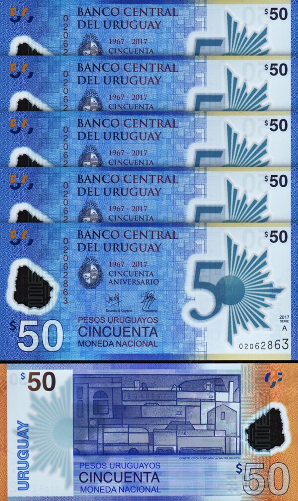 Uruguay 50 Pesos 2017 (2018), UNC, 5 Pcs LOT, Polymer, Comm. 50th Year, P-100