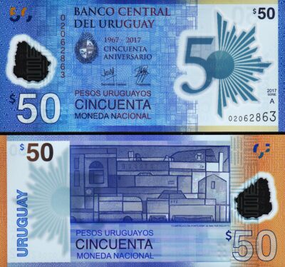 Uruguay 50 Pesos 2017 (2018), UNC, Polymer, Commemorative. 50th Year, P-100