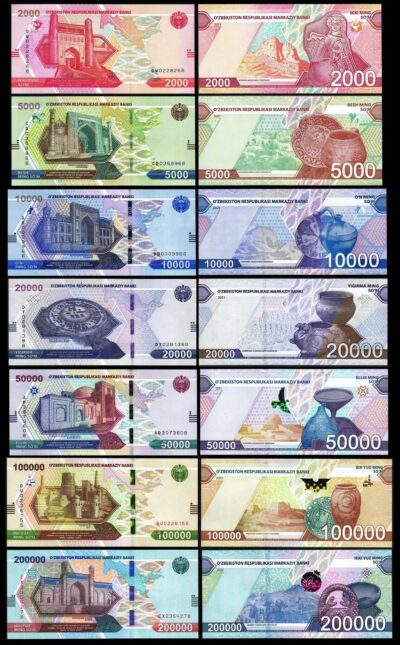 Uzbekistan 7 Pcs Set 2000 to 200000 Sum 2021 2022, UNC, P 87 88 89 90 91 92 93