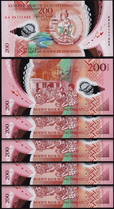 Vanuatu 200 Vatu 2020, UNC, 5 Pcs LOT, Polymer, P-12b, Prefix AA